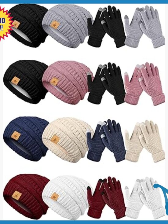 8-Piece Knitted Beanie & Touchscreen Glove Set, Fleece Lined, Winter Warmth main image 7